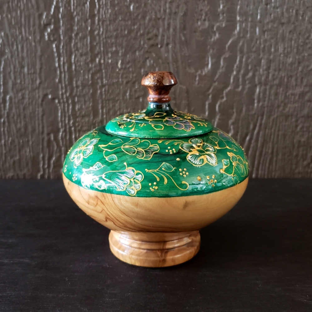 Vintage Artisan Carved Wooden Hand Painted Floral Box